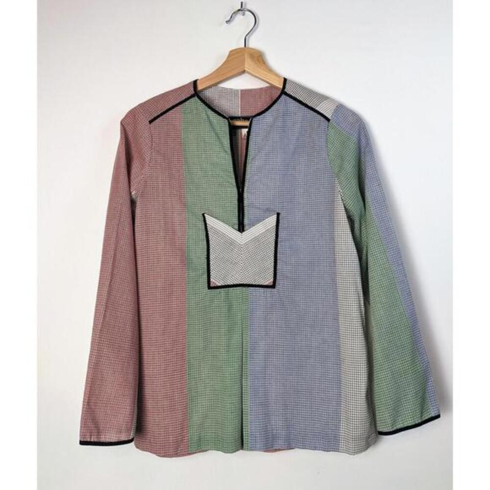 Bugaboo 70s cotton flare sleeve blouse geometric multicolor front pocket pull on - Picture 6 of 9